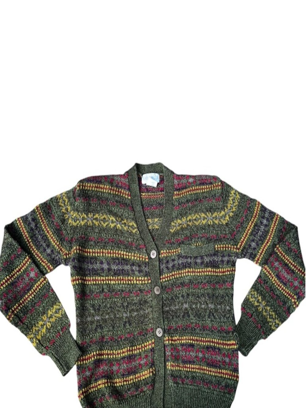 French Connection Vintage 90s army green Fair Isle Cardigan Sweater M